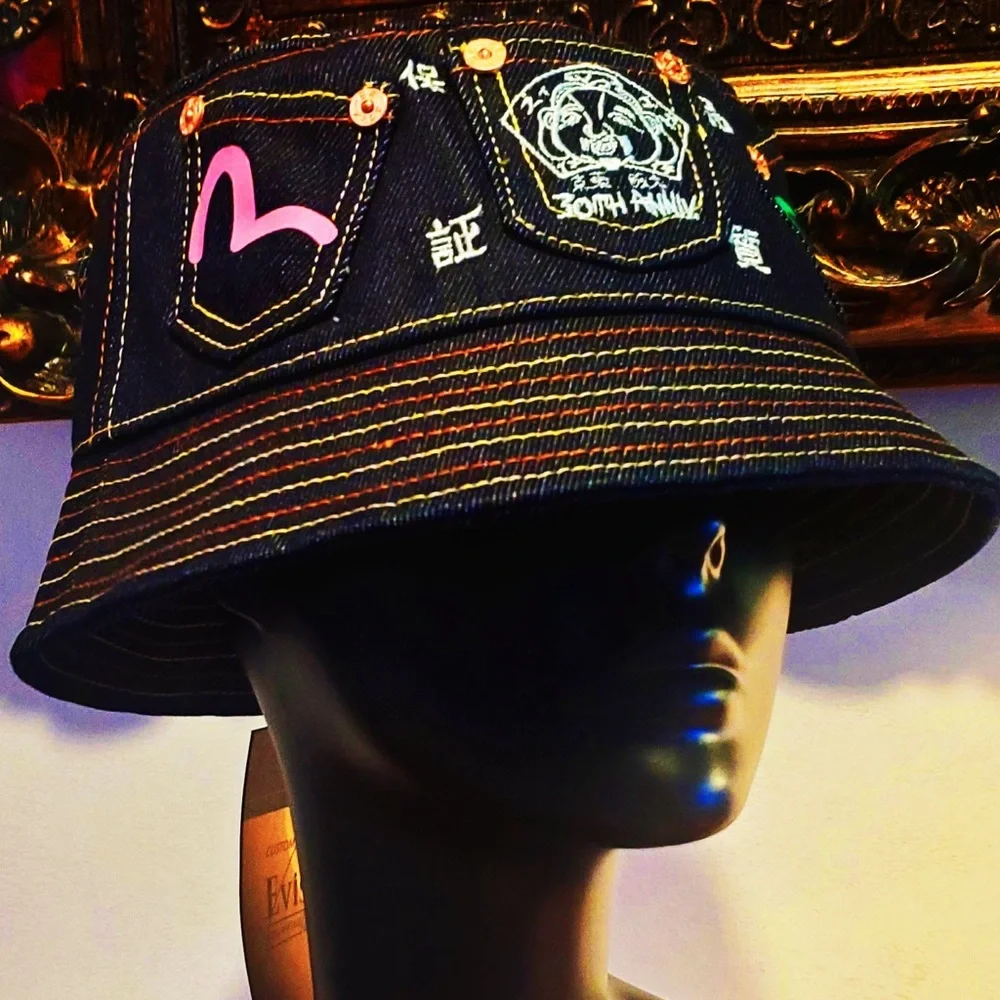 Evisu Multi-color Seagull Print Multi-Pockets Denim Bucket Hat NWT w Bag - Picture 2 of 9
